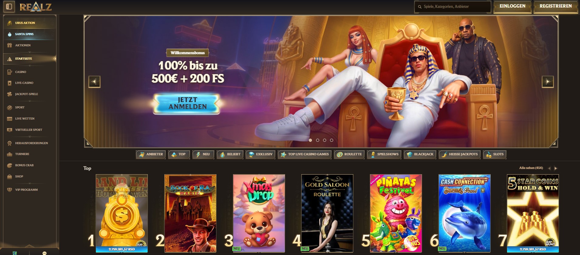 Realz Casino Homepage